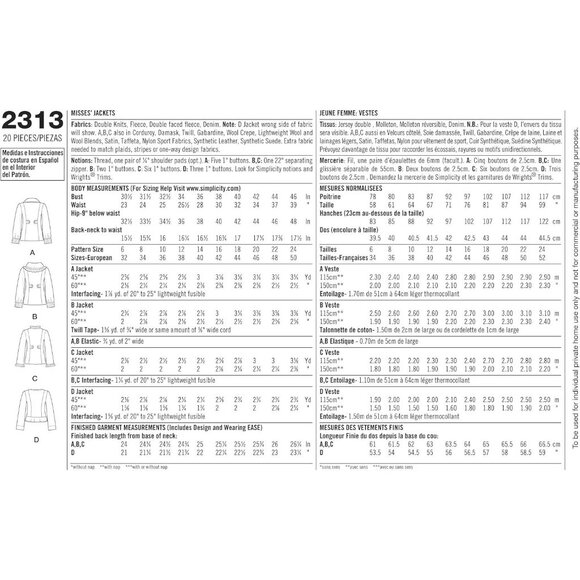 Simplicity 2313 Sewing Pattern Misses Jackets In 4 Styles Sizes 6-14 - Picture 2 of 3